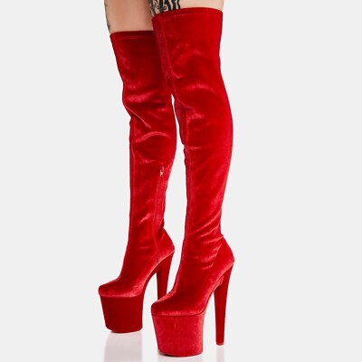 YRU XTRA RED VELVET TWERK PLATFORM BOOTS