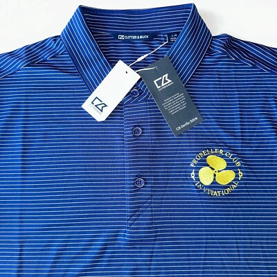 Cutter & Buck Men's Golf Polo L Blue Forge Pencil Stripe DryTech Logo Propeller