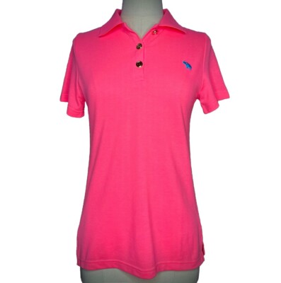 Tracy Negoshian Joyce Neon Pink Polo Shirt Size XS Logo Gold Buttons Preppy Top