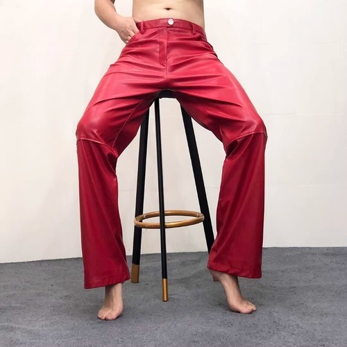 Men Classic Faux Leather Straight Leg Pants Punk Trousers Night Club Fashion New - Picture 4 of 24