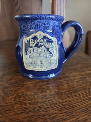 Historic BROSS HOTEL Coffee Mug Cup Deneen Pottery Blue Drip Glaze Paonia Co