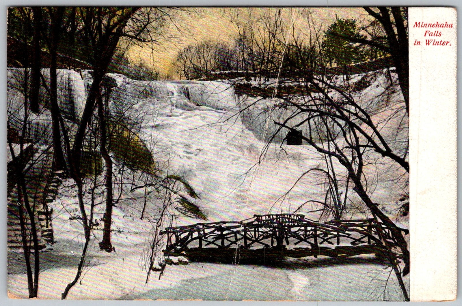 Antique Postcard Minnehaha Falls Wooden Bridge Minneapolis, MN 1910s