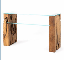RAFT Rectangular Glass Top Console Table Wooden Block Base 80cm H 100cm W