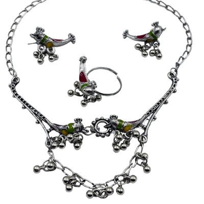 Traditional Oxidised Silver Bird Motif Jewellery Set Necklace  for Women