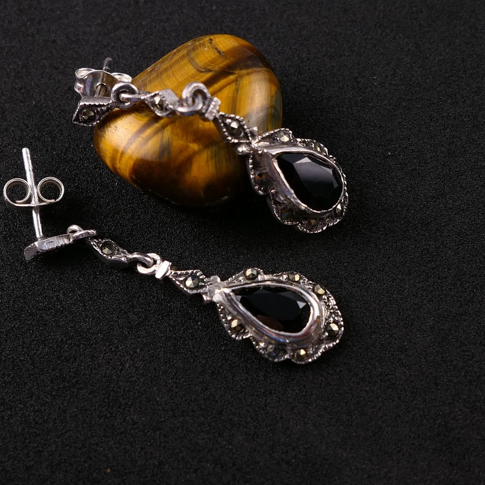 925 Silber Ohrringe Ohrhänger Filigran Granat Antiker Stil / Art Déco Stil - Bild 2 von 4