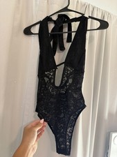 Amazon Black Lace Backless Sheer Floral One Piece Women's Bodysuit Size XS