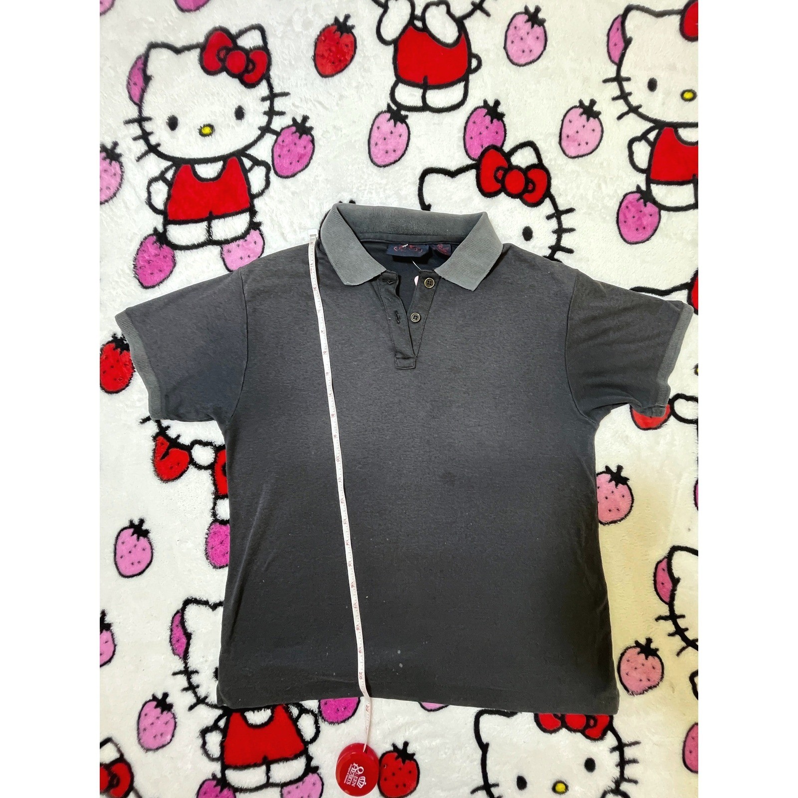 Vintage Charcoal Gray Short Sleeve Polo Shirt Contrast Collar