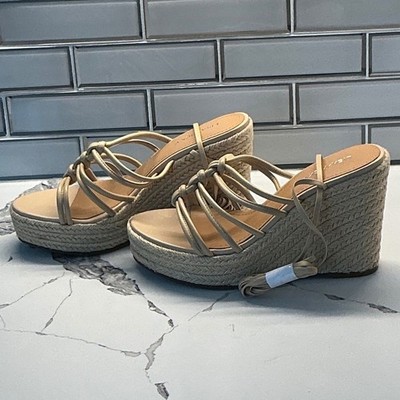 Lisa Vicky Gaze-V Beige Sheep Nappa Leather Espadrille Wedge Sandals Womens 7.5