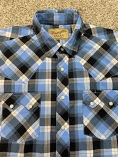 Wrangler Retro Pearl Snap Shirt Mens L Blue Plaid Sawtooth Pocket SS Western