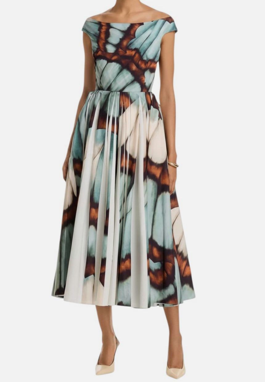Oscar de la Renta Women's Blue Scoop Neck Butterfly Poplin Pleated Dress Size 6