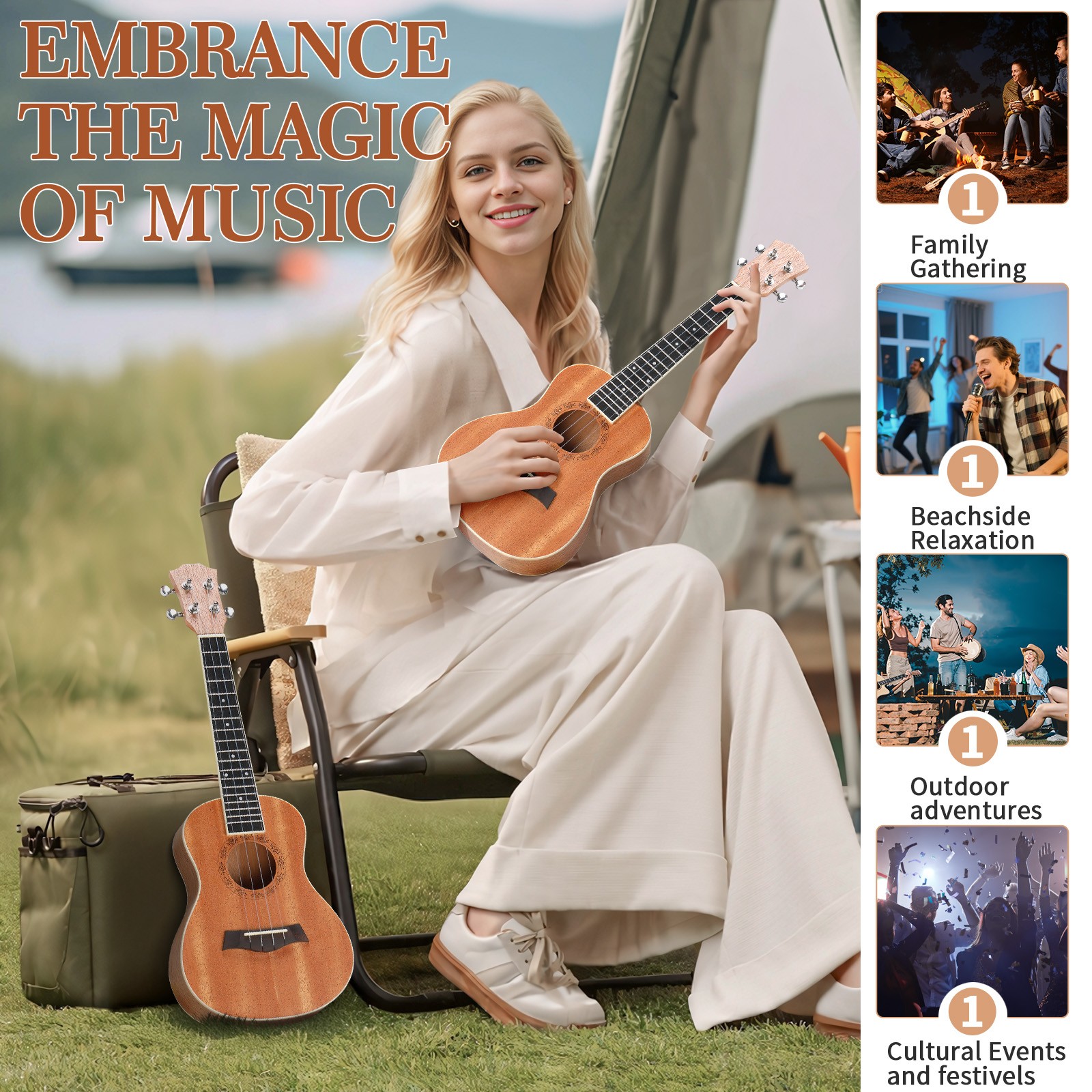 23" Concert Ukulele Mahogany Wood With Bag Strap Tuner