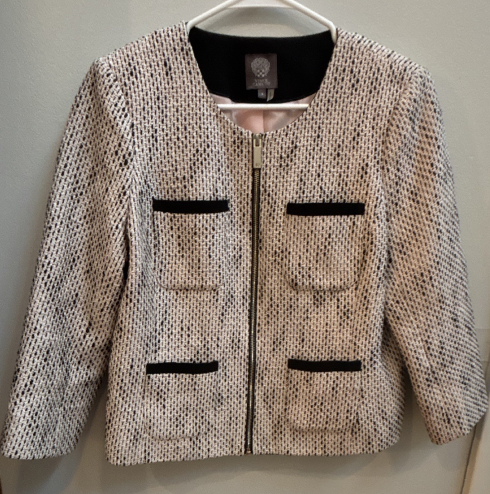 Vince Camuto Women’s Zip Front Lined Jacket 3/4 Sleeve Black/Ivory tweed Size 8