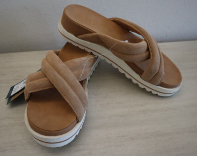 Roxy ARJL200806 Women's Sz 10 Tan Veria Suede Cross-Over Strap Slide Sandals