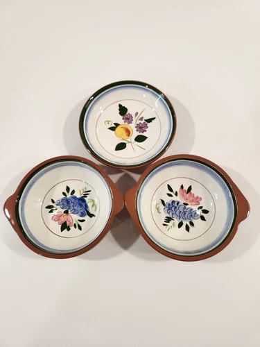 Vintage STANGL Pottery Two 6" Lugged Bowls & One Small Plate FRUIT AND FLOWERS