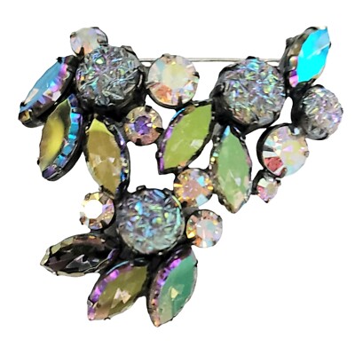 Schiaparelli Silver Tone Blue & Green Lava Cab Scalloped Edge Rhinestone Brooch