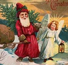 Antique German Old World Santa w/Tree Christmas Postcard & Angel #1048 Paris OH