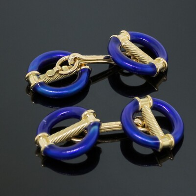 Vintage Designer KJ Italy Blue Enamel Cable Circle Cufflinks 18K Yellow Gold