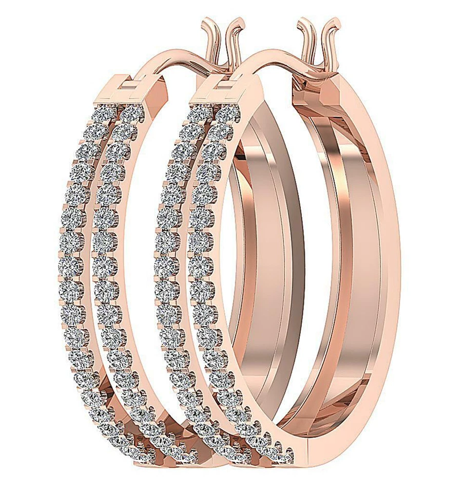 I1 G 1.10 Carat Round Cut Diamond 14K Yellow Gold 2 Row Hoops Earrings Prong Set - Image 3 of 4