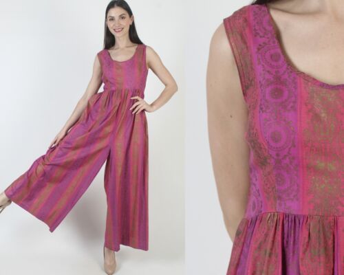 Vintage 60s Pink Bell Bottom Jumpsuit Hawaiian Tiki Party 70s Wide Leg Playsuit