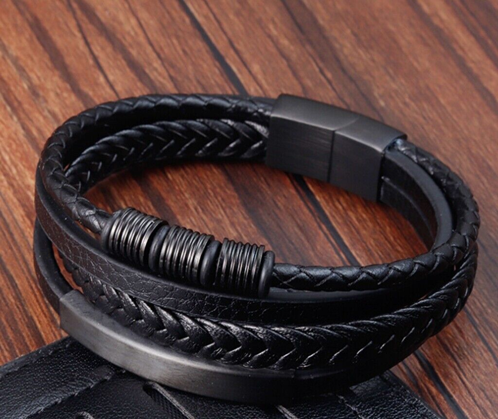 Men Boy Black Braided Triple Band Genuine Leather Bracelet Men Boy Black Braided Triple Band Genuine Leather Bracelet