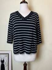 Champs Top Women Size XL 3/4 Sleeves Striped Black White Lace Cotton Wrong Size