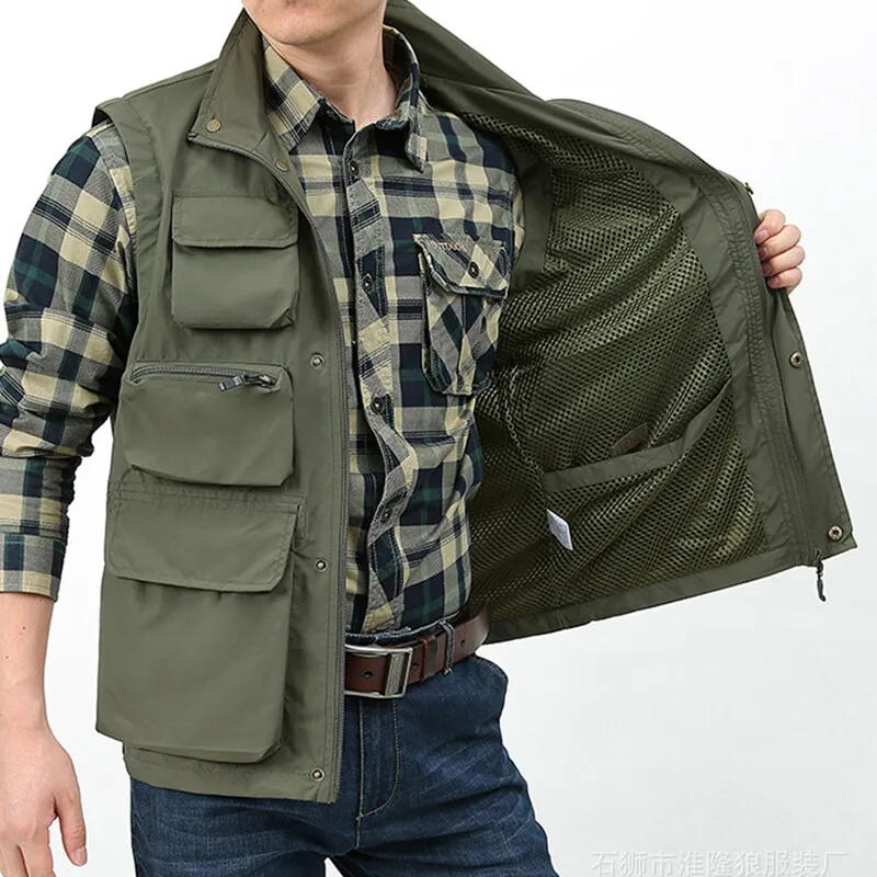 Men Waistcoat Multi Pockets Sleeveless Cargo Jacket Vest Gilet Fishing Zip  Tops
