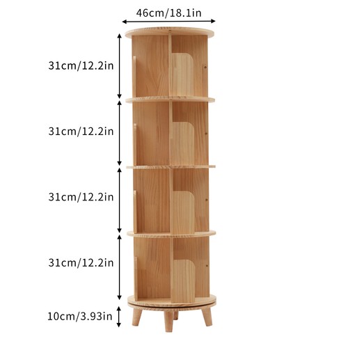 4-Tier 360° Degree Rotating Swivel Bookshelf Display Shelf Pine Wood Bookshelf