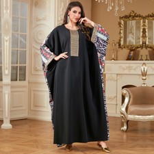 Muslim Women Long Dress Maxi Robe Batwing Sleeve Printed Moroccan Evening Party