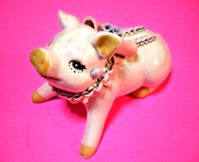 VINTAGE 1990s CERMIC RESTING PIG PINK  BLUE PURPLE FLOWERS 7" X 4" X 4" - READ