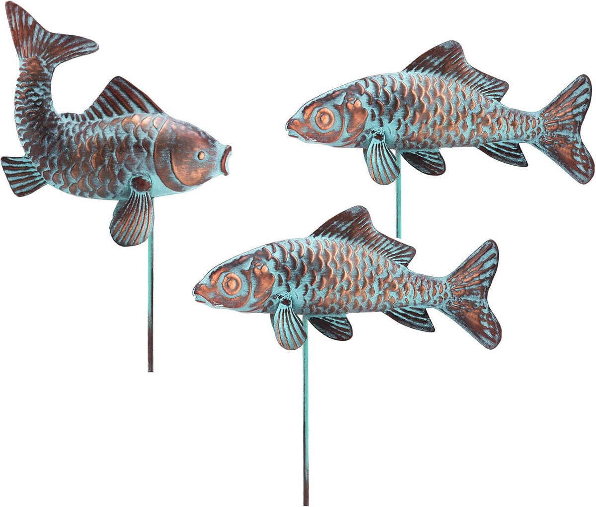 Set of 3 Garden Koi Fish Sculpture Statue Antique Copper