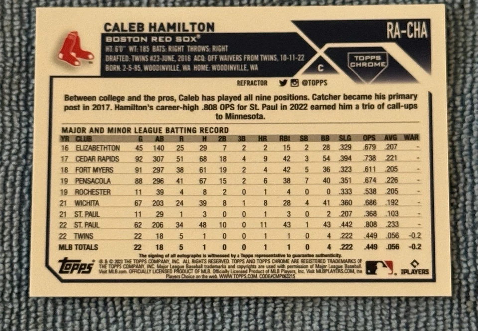 2023 Topps Chrome Refractor Caleb Hamilton RC 424/499 Red Sox - Image 4 of 4