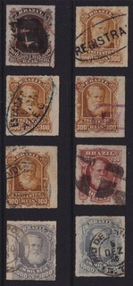 BRAZIL 1878 DOM PEDRO Sc #74/77 USED GROUP OF 8 (2nd WITH FAINT THIN)