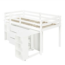 Children's Cabin Bed Mid Sleeper with Pull-out Desk & Storage Cabinet White Wood