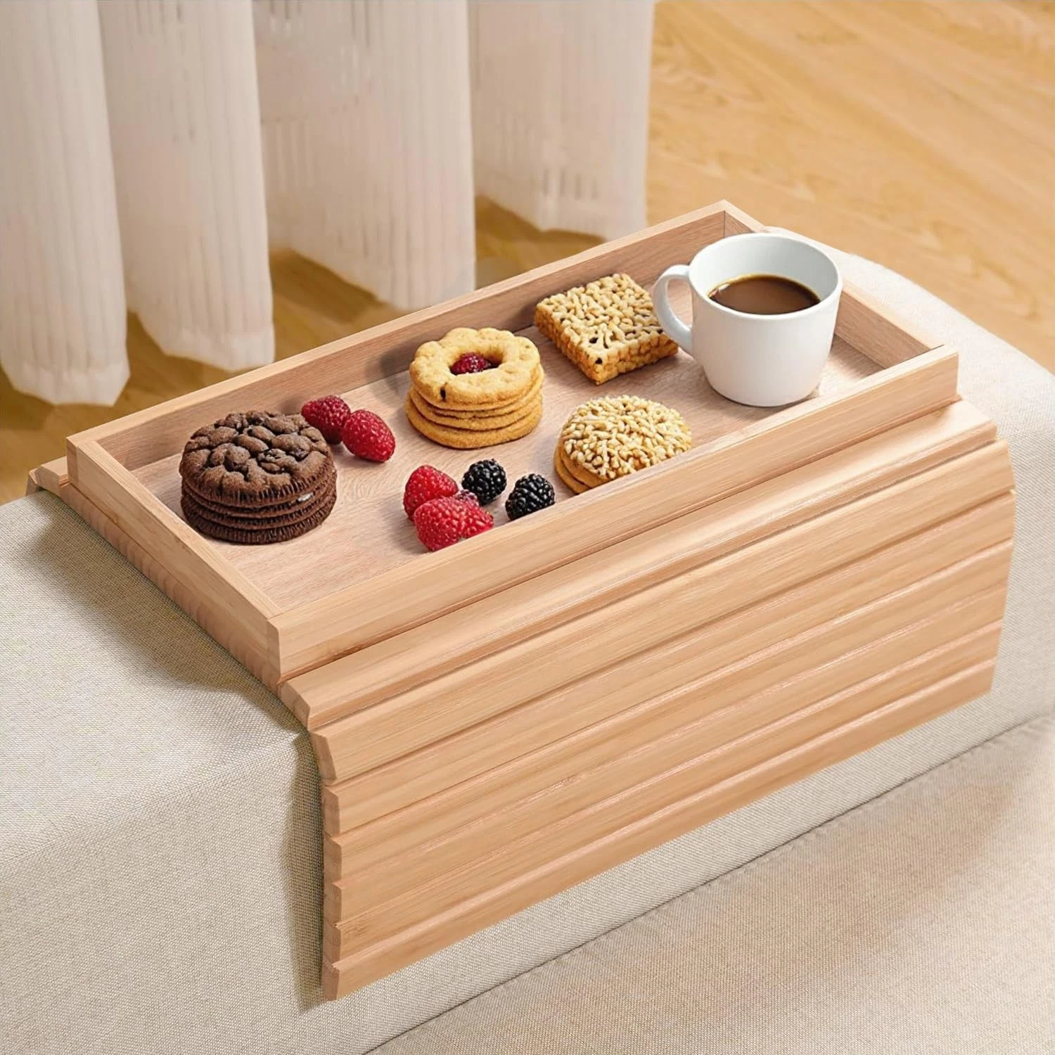 Lighterday Sofa Arm Tray,Foldable Bamboo Table 41 x 33 x 2 cm, Light Brown