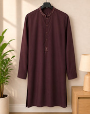 Handmade Men  s Brown Cotton Embroidered Kurta Long Sleeve Band Collar