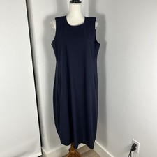 Eileen Fisher Organic Cotton Pucker Lantern Dress L Large Navy Blue