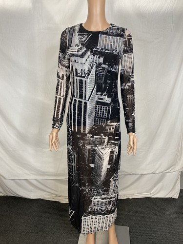 Alice + Olivia Delora Cityscape Print Midi Dress Size 6 Black/White