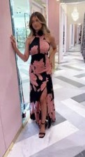 Quiz Black Floral Halter Neck Maxi Dress satin Feel floral print hem split Prom