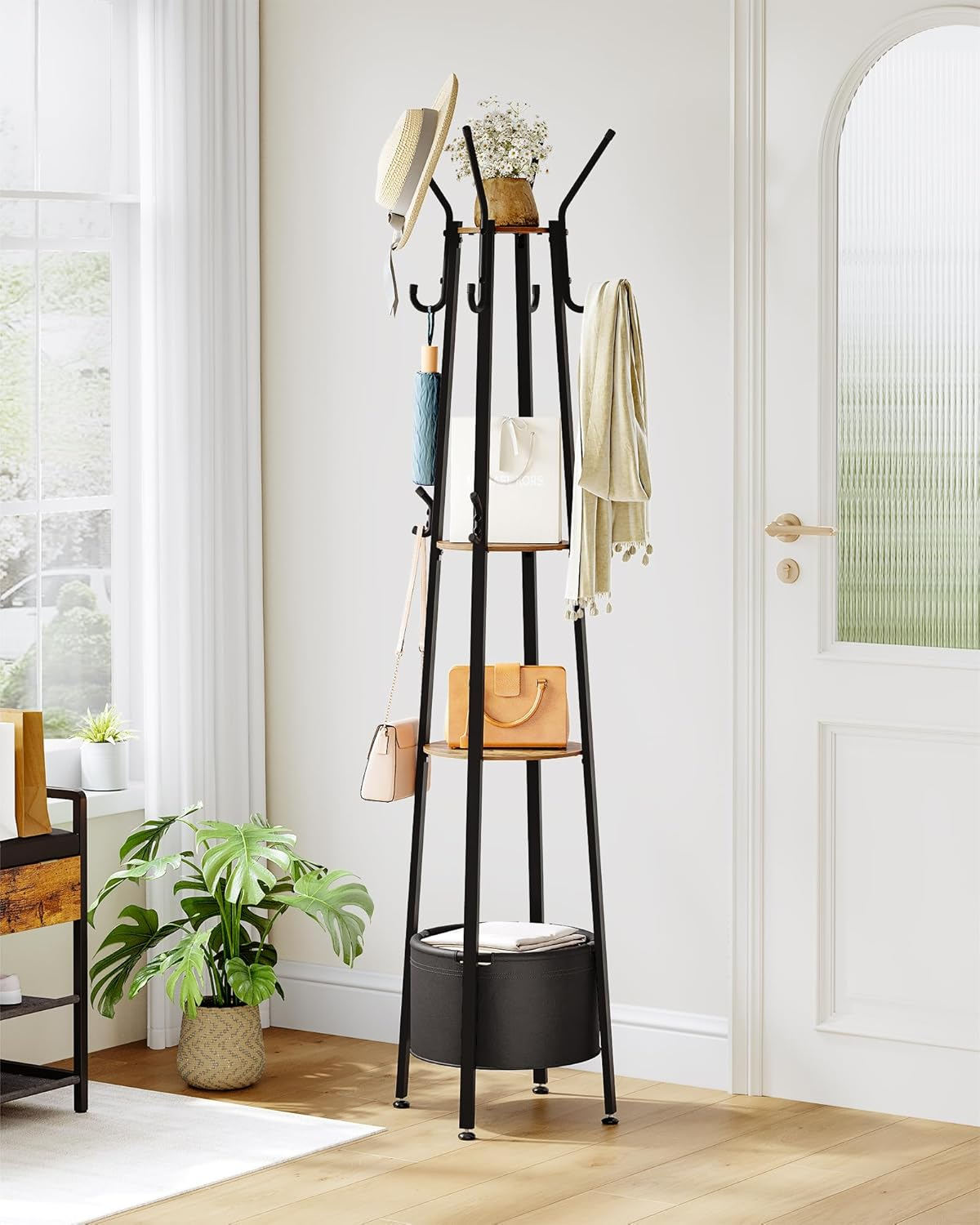 Coat Rack Stand 16 Hooks Storage Shelves Basket Hallway Clothes Organizer