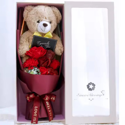 Plush Teddy Bear Bouquet Gifts Soap Rose Flower Gift Box w/ LED Valentine's Day