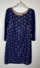 JESSICA HOWARD Sheath Dress Large Blue Lace 3/4 Sleeve Wedding Guest Cocktail