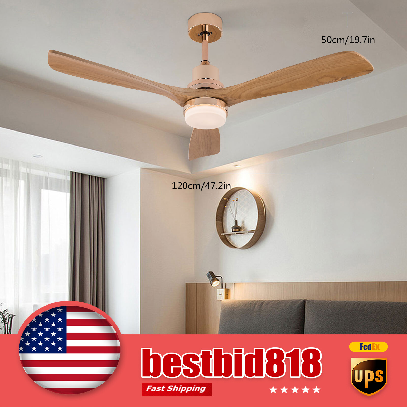 48-Inch Gold LED Ceiling Fan with Light Chandelier 3 Blades 6 Speeds Remote Control