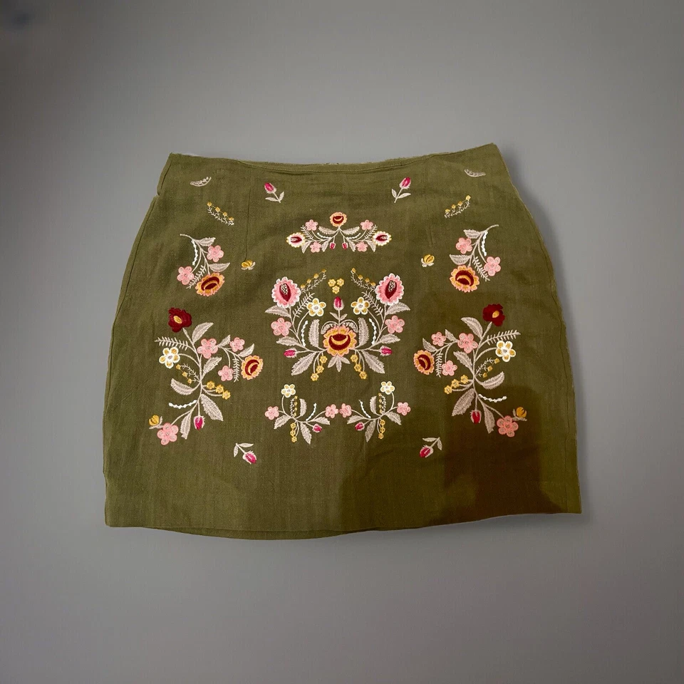Falda de lino Anthropologie Entro verde mini floral bordada para mujer grande boho Foto 2 de 4