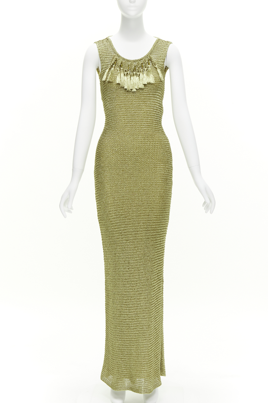 RALPH LAUREN PURPLE LABEL hand knit gold tassel crochet evening gown