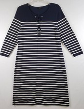 Talbots Size Large Dark Gray 3/4 Sleeve Sheath Dress Striped Lace Up Front