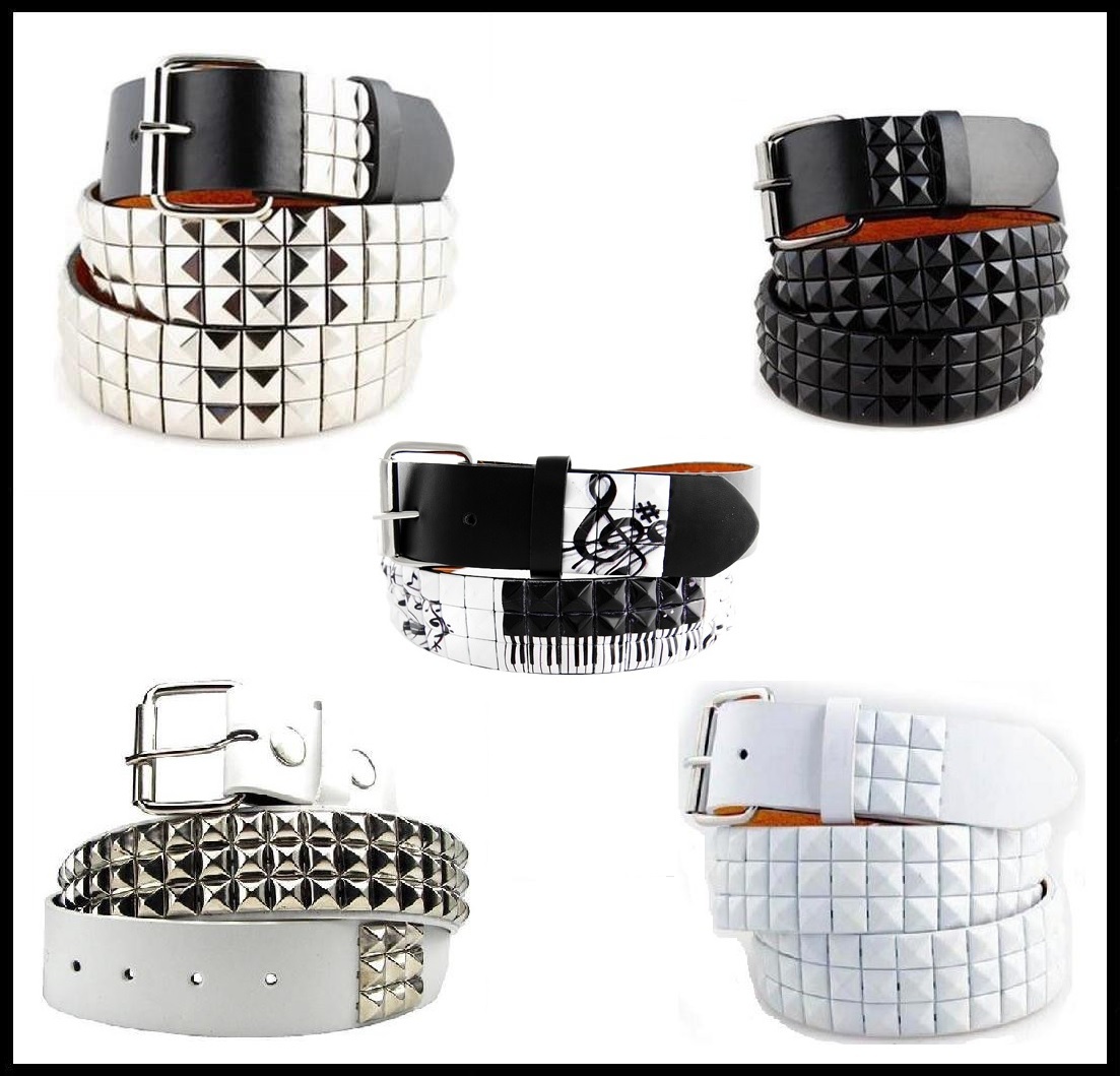 New Unisex 3Row Metal Pyramid Studded Leather Belt Men