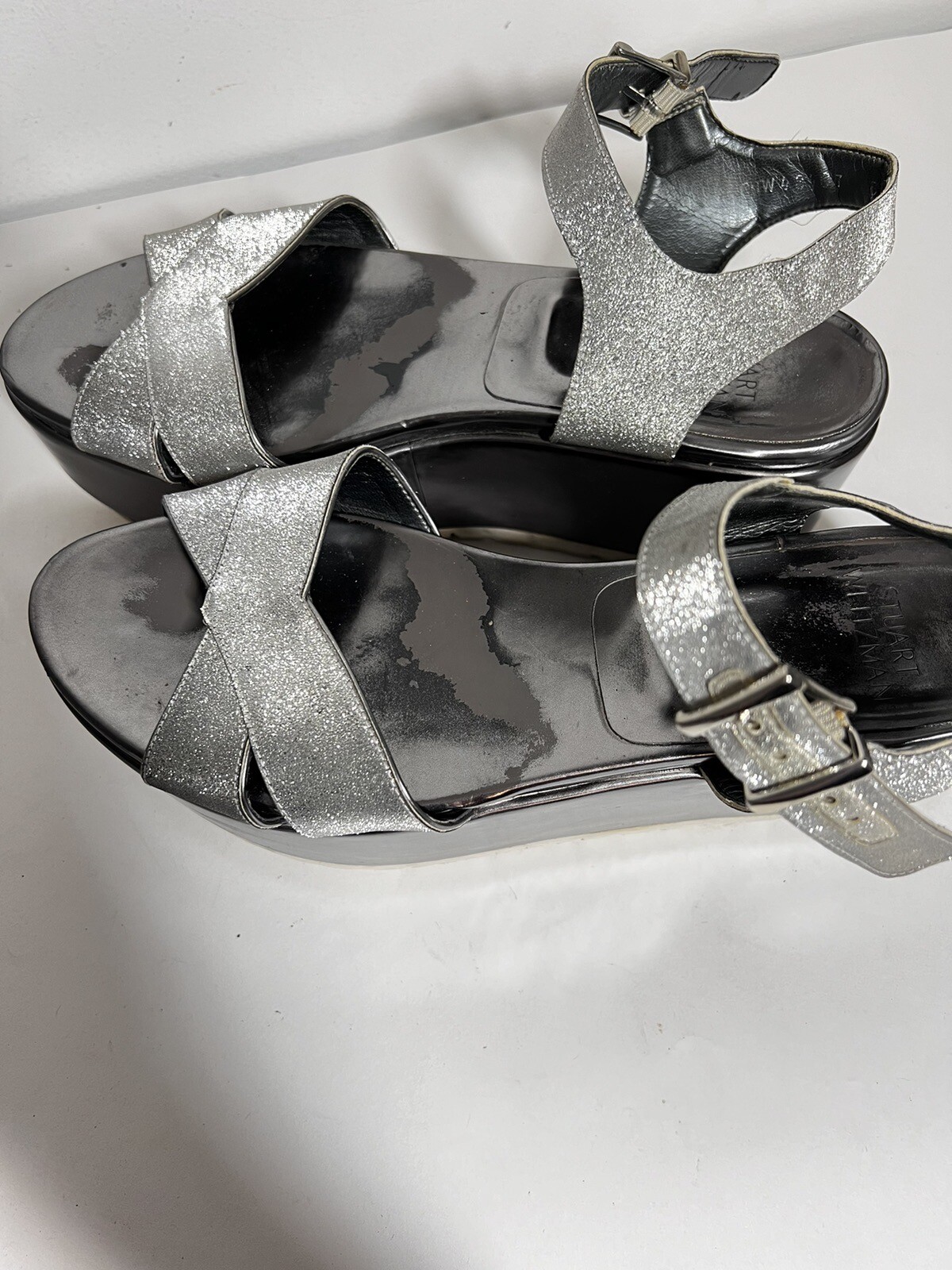 Stuart Weitzman EUC Silver Glitter Crosspath Flat… - image 5