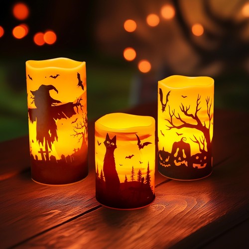 Halloween LED Candles Set of 3 - Flickering Flameless Pillar Candles with Timer - Picture 3 of 6