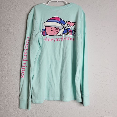 Vineyard Vines Kids Large 14 Long Sleeve T-Shirt Christmas Whale Logo Aqua Blue