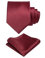  Solid Color Tie and Pocket Square Set for Men Burgundy